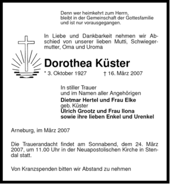 Traueranzeige von Dorothea Küster von ALLGEMEINE ZEITUNG UELZEN