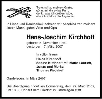 Traueranzeige von Hans-Joachim Kirchhoff von ALLGEMEINE ZEITUNG UELZEN
