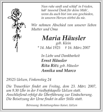 Traueranzeige von Maria Häusler von ALLGEMEINE ZEITUNG UELZEN