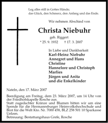 Traueranzeige von Christ Niebuhr von ALLGEMEINE ZEITUNG UELZEN