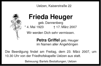 Traueranzeige von Frieda Heuger von ALLGEMEINE ZEITUNG UELZEN