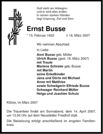 Traueranzeige von Ernst Busse von ALLGEMEINE ZEITUNG UELZEN