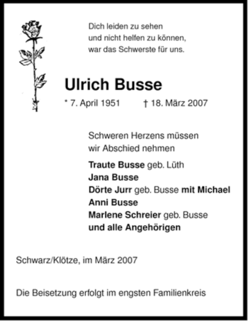 Traueranzeige von Ulrich Busse von ALLGEMEINE ZEITUNG UELZEN
