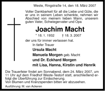 Traueranzeige von Joachim Macht von ALLGEMEINE ZEITUNG UELZEN