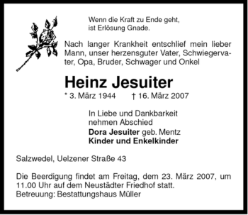 Traueranzeige von Heinz Jesuiter von ALLGEMEINE ZEITUNG UELZEN