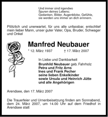 Traueranzeige von Manfred Neubauer von ALLGEMEINE ZEITUNG UELZEN