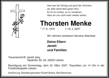 Traueranzeige von Thorsten Menke von ALLGEMEINE ZEITUNG UELZEN