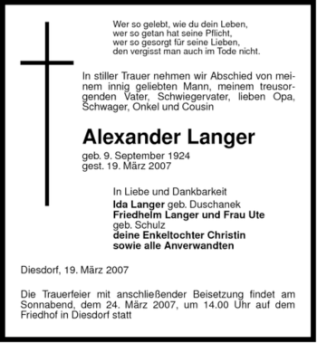 Traueranzeige von Alexander Langer von ALLGEMEINE ZEITUNG UELZEN