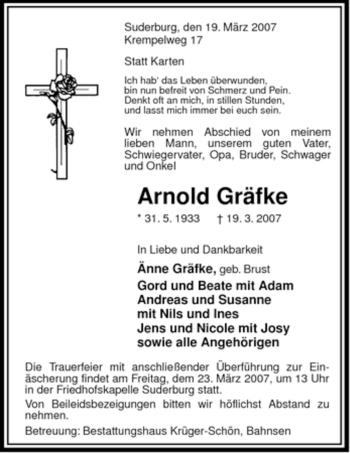 Traueranzeige von Arnold Gräfke von ALLGEMEINE ZEITUNG UELZEN