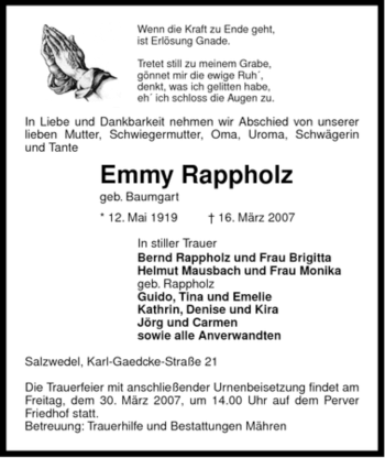 Traueranzeige von Emmy Rappholz von ALLGEMEINE ZEITUNG UELZEN