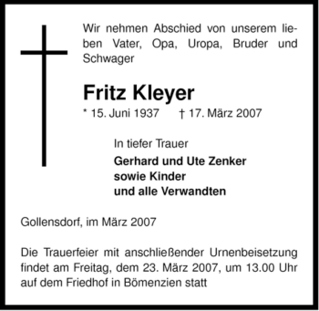 Traueranzeige von Fritz Kleyer von ALLGEMEINE ZEITUNG UELZEN