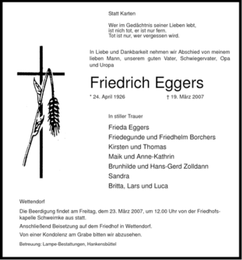 Traueranzeige von Friedrich Eggers von ALLGEMEINE ZEITUNG UELZEN