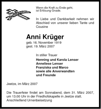 Traueranzeige von Anni Krüger von ALLGEMEINE ZEITUNG UELZEN
