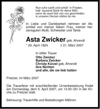 Traueranzeige von Asta Zwicker von ALLGEMEINE ZEITUNG UELZEN