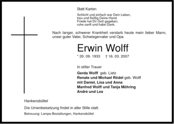 Traueranzeige von Erwin Wolff von ALLGEMEINE ZEITUNG UELZEN