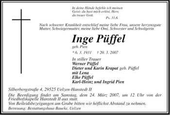 Traueranzeige von Inge Püffel von ALLGEMEINE ZEITUNG UELZEN