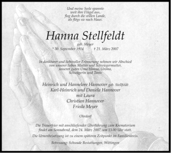 Traueranzeige von Hanna Stellfeldt von ALLGEMEINE ZEITUNG UELZEN