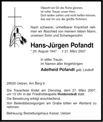Traueranzeige von Hans-Jürgen Pofandt von ALLGEMEINE ZEITUNG UELZEN