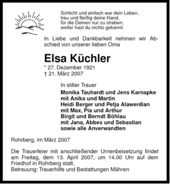 Traueranzeige von Elsa Küchler von ALLGEMEINE ZEITUNG UELZEN