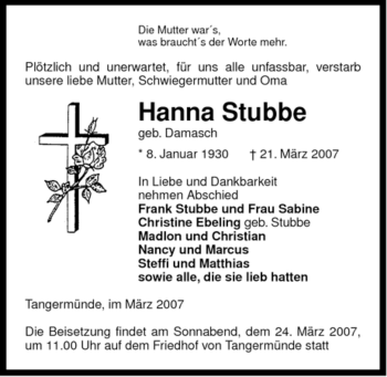 Traueranzeige von Hanna Stubbe von ALLGEMEINE ZEITUNG UELZEN