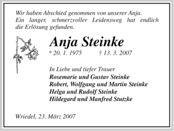 Traueranzeige von Anja Steinke von ALLGEMEINE ZEITUNG UELZEN