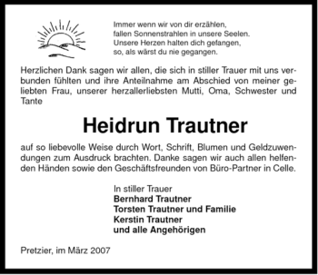 Traueranzeige von Heidrun Trautner von ALLGEMEINE ZEITUNG UELZEN