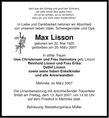 Traueranzeige von Max Lisson von ALLGEMEINE ZEITUNG UELZEN