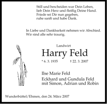 Traueranzeige von Harry Feld von ALLGEMEINE ZEITUNG UELZEN