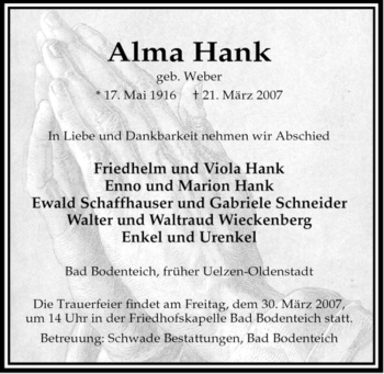 Traueranzeige von Alma Hank von ALLGEMEINE ZEITUNG UELZEN