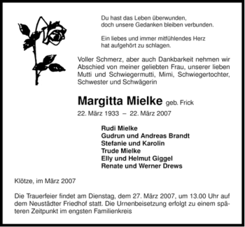 Traueranzeige von Margitta Mielke von ALLGEMEINE ZEITUNG UELZEN