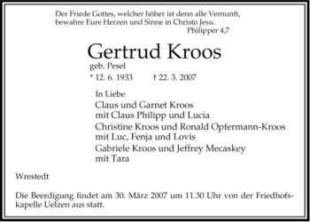 Traueranzeige von Gertrud Kroos von ALLGEMEINE ZEITUNG UELZEN