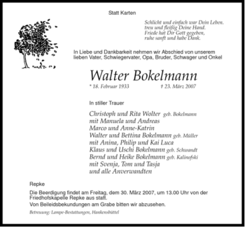 Traueranzeige von Walter Bokelmann von ALLGEMEINE ZEITUNG UELZEN