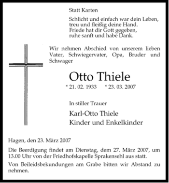 Traueranzeige von Otto Thiele von ALLGEMEINE ZEITUNG UELZEN