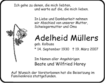 Traueranzeige von Adelheid Müllers von ALLGEMEINE ZEITUNG UELZEN