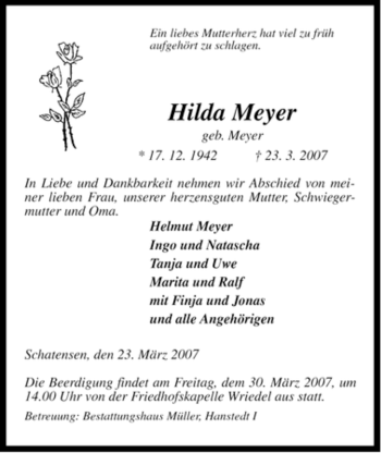 Traueranzeige von Hilda Meyer von ALLGEMEINE ZEITUNG UELZEN
