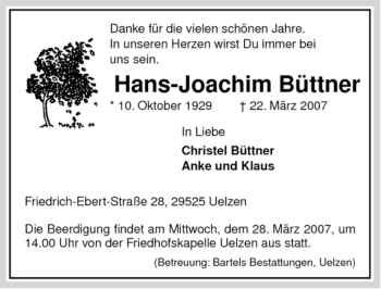 Traueranzeige von Hans-Joachim Büttner von ALLGEMEINE ZEITUNG UELZEN