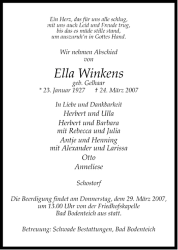 Traueranzeige von Ella Winkens von ALLGEMEINE ZEITUNG UELZEN