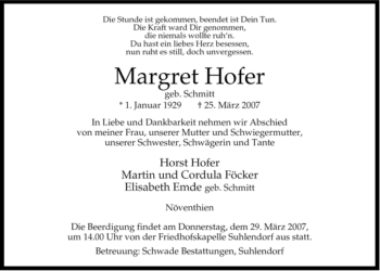 Traueranzeige von Margret Hofer von ALLGEMEINE ZEITUNG UELZEN