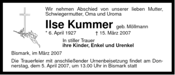 Traueranzeige von Ilse Kummer von ALLGEMEINE ZEITUNG UELZEN