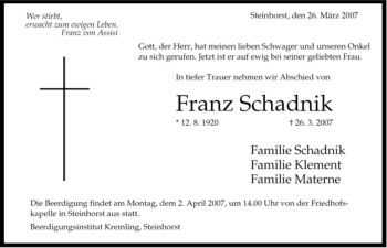 Traueranzeige von Franz Schadnik von ALLGEMEINE ZEITUNG UELZEN