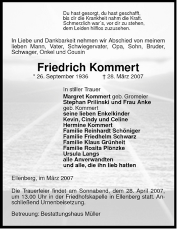 Traueranzeige von Friedrich Kommert von ALLGEMEINE ZEITUNG UELZEN