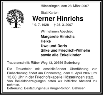 Traueranzeige von Werner Hinrichs von ALLGEMEINE ZEITUNG UELZEN