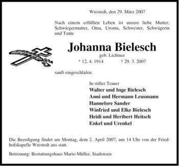 Traueranzeige von Johanna Bielesch von ALLGEMEINE ZEITUNG UELZEN