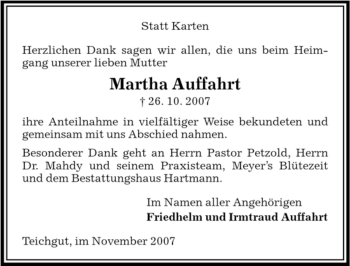 Traueranzeige von Martha Auffahrt von ALLGEMEINE ZEITUNG UELZEN