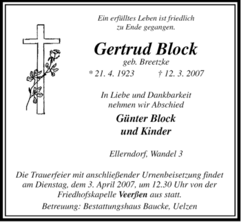 Traueranzeige von Gertrud Block von ALLGEMEINE ZEITUNG UELZEN