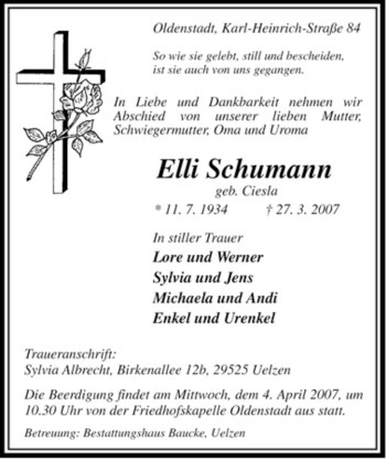 Traueranzeige von Elli Schumann von ALLGEMEINE ZEITUNG UELZEN