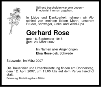 Traueranzeige von Gerhard Rose von ALLGEMEINE ZEITUNG UELZEN