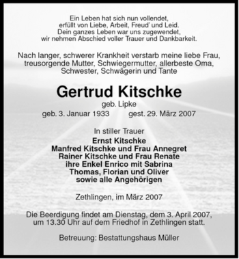 Traueranzeige von Gertrud Kitschke von ALLGEMEINE ZEITUNG UELZEN