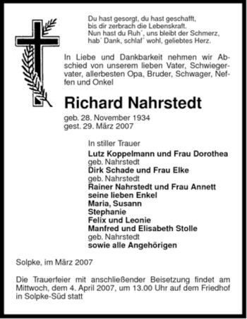 Traueranzeige von Richard Nahrstedt von ALLGEMEINE ZEITUNG UELZEN