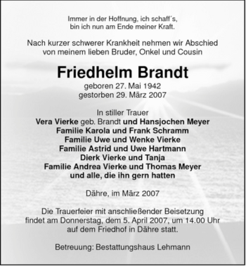 Traueranzeige von Friedhelm Brandt von ALLGEMEINE ZEITUNG UELZEN